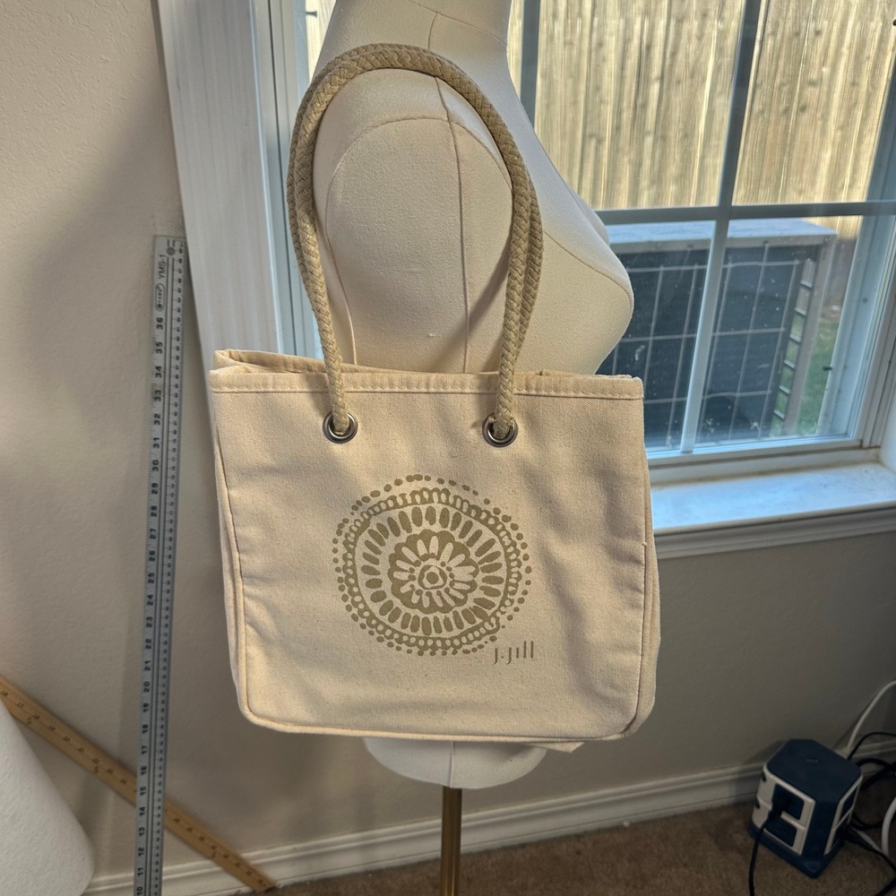 J. Jill Canvas Tote Bag Cream Mandala Graphic Braided Rope Handle Boho Beach Bag